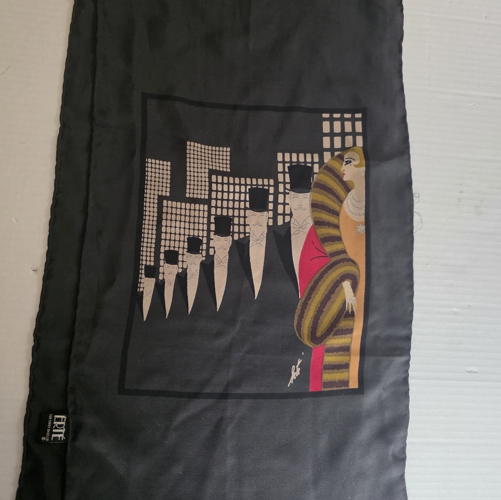 Erte For Carey Saul Ltd Art Deco Silk Scarf w Elegant Top Hat Design Collectible
